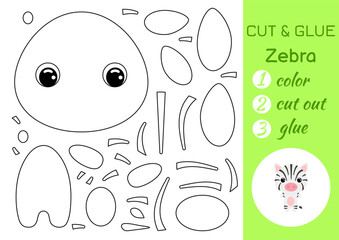 Coloring book cut and glue baby zebra. Educational paper game for preschool children. Cut and Paste Worksheet. Color, cut parts and glue on paper. Vector illustration.