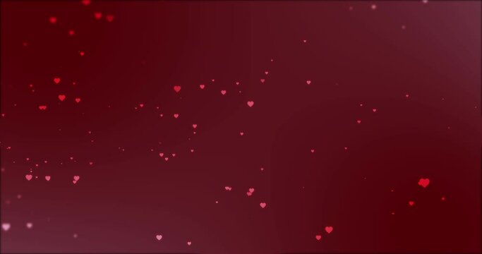 Pink heart shapes falling on dark red background