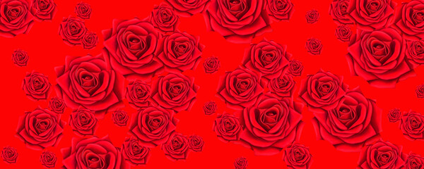 Beautiful red background for postcards and graphic works. Bright roses on a red background. Background, banner, space for text.