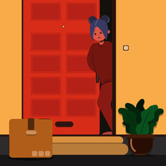 Girl receives safe contactless delivery to home near the door to prevent the spread of the coronavirus. Vector illustration.
