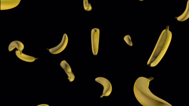 Bananas spin in zero gravity. They float in the air. 3D-animation. Selective focus. Blurred background. Isolate it. The alpha channel. No background. 4K Whirling.