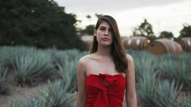 Attractive hispanic model in red dress catwalking in blue Agave fields, in Mexico - front follow medium shot