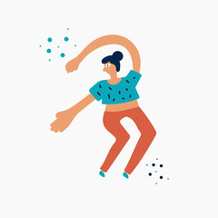 Fototapeta na wymiar Dancing woman doodle character vector, happy woman fitness hand drawn illustration. Colorful female for exersices, happy character