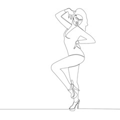 Continuous drawing with one line. The girl is frozen in a dance pose, a beautiful dance pose. Vector illustration.