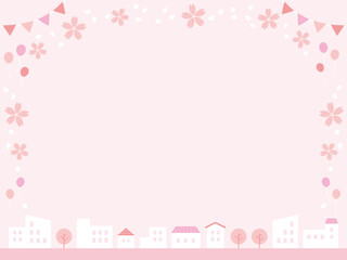Spring cityscape frame 淡いピンク色の春の街並みのフレーム