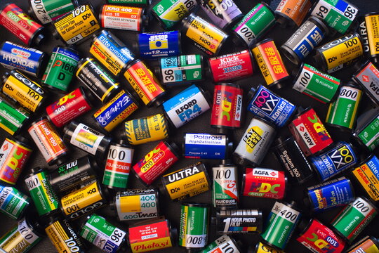 Detail of a texture of camera rolls of different colors and brands