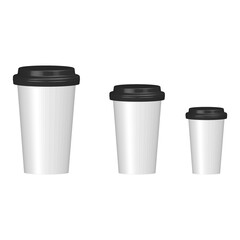 Coffee cup 3D icons set. Paper or plastic mockup glass. Different size cups collection. Vector illustration isolated on white.