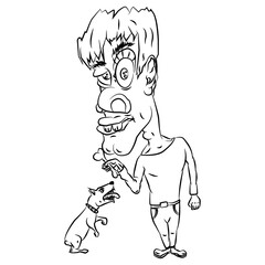 Hand drawn element, vector illustration in black color isolated on white background. Man gives bone to dog, doodle.