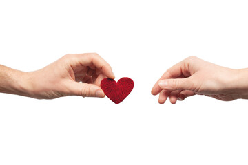 A man's hand gives a heart to a woman's. Volunteer and patient. Romantic poster for Valentine's Day.