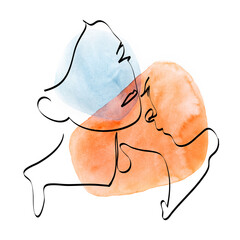 Two faces drawing with lines over abstract watercolor background, fashion and beauty concept, minimalist, vector illustration for t-shirt, print design, covers, web