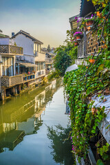 Fototapeta na wymiar Weekend getaway from bustling city of Shanghai to an ancient water town of Zhujiajiao to see one of the ancient water town in China, where people call Venice of the East
