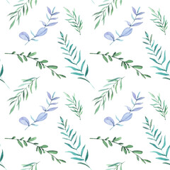 Hand drawn watercolor green leaves floral pattern. Watercolor leaves, isolated on white background.