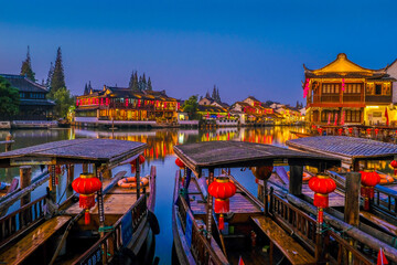 Fototapeta premium Weekend getaway from bustling city of Shanghai to an ancient water town of Zhujiajiao to see one of the ancient water town in China, where people call Venice of the East