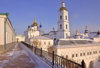 Tobolsk Kremlin in winter. St. Sophia Assumption Cathedral with bell tower, ancient Russian architecture of the XVII century in the first capital of Siberia