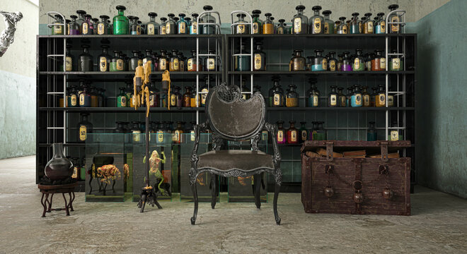 Alchemical room, apothecary's shop with shelving with vials and medical and poisonous substances, accessories for witchcraft, 3d illustration, 3d rendering
