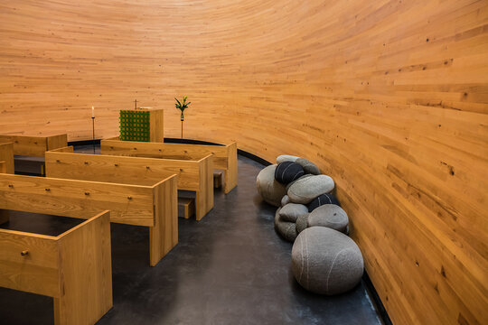 Interior of Kamppi Chapel or Chapel of Silence (Kampin kappeli, K2S Architects, 2012) - a Lutheran chapel in Kamppi, Helsinki, located on Narinkkatori Square. HELSINKI, FINLAND - June 19, 2017.