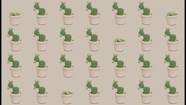 Video with different cactus pots appearing and disappearing over beige pastel background. Seamless pattern.