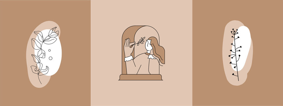 Vector illustration in minimal linear style. The girl sits in the window and dreams, holding a flower in the ruach. Delicate logo for womens business. Cartoon Character.  Abstract woman  portrait. 
