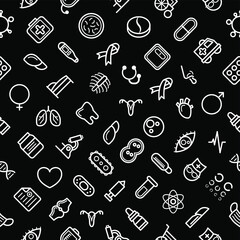 Seamless Pattern Abstract Doodle Elements Hand Drawn Collection Medicine Vector Design Style Background Medic Syringe Tablet Heart Illustration Cartoon Icons