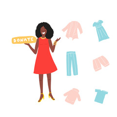 Hand drawn African American woman is holding the word donate.