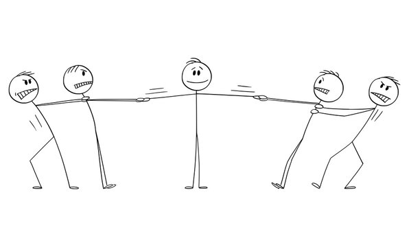 Two groups of men playing tug-of-war for man, client or employee , business vector cartoon stick figure or character illustration.