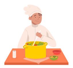 Man in chef's uniform stirring salad in a pan. Flat design illustration. Vector