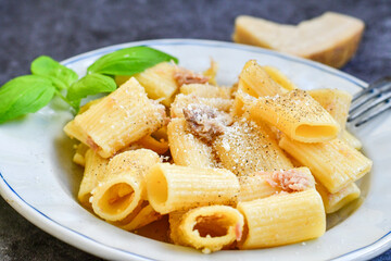 Home made fresh  italian maccheroni  pasta   with tuna ,capers ,parmesan cheese and olive oil
