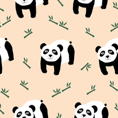 Obraz premium Cute panda and bamboo. Endangered chinese panda. Panda cartoon with bamboo seamless pattern. Animal seamless pattern.