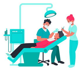 Man at dentist, doctor treating teeth, assistant with injection smiling. Flat design illustration. Vector