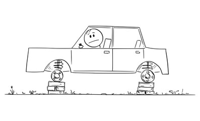 Driver or man trying to drive car without wheels, vector cartoon stick figure or character illustration.