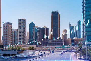 Cityscape skyscrapers of downtown, UAE. Modern skyline of the capital of the Emirate of Dubai. Center of international trading of Western Asia. Traffic. FOREX graph and chart concept. Double exposure