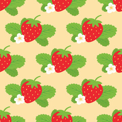 Red strawberry with green leaves and blossoming flower cartoon style vector seamless pattern background.