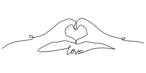 Line Art Drawing A Close Up Woman And Man Hands Showing Love Sign Or Shape Of Heart Vector Illustration