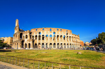 The ancient Roman Colosseum also known as the Flavian Amphitheatre in Rome, Italy.  It is large...
