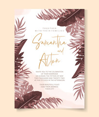 Wedding invitation design with tropical leaves