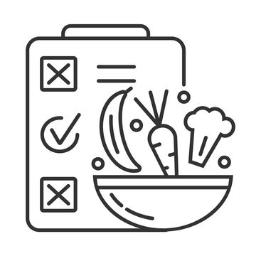 Diet plan icon vector in outline style. Planer with notes and a bowl of vegetables and fruits. Cauliflower, carrot, banana are shown.