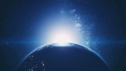 Sunset of Earth planet silhouette rotating with blue halo orbit. Bright sun hiding with flare in dark outer space with stars. Solar system 3d animation with astronomy concept © Goinyk