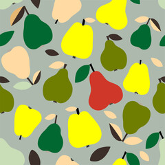 Obraz premium Bright fruit seamless pattern with pears on the grey background. Fruit repeated background. Vector bright print for fabric or wallpaper.