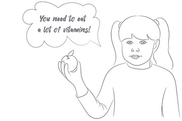 Sketch portrait of a little girl with an apple in her hands, the inscription 