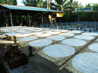 Drying rice paper crepes in a rice noodles factory in Can Tho, VIETNAM