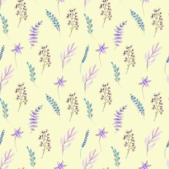 Seamless flowers pattern with floral branches and leaves. Pink, blue, lilac color. Watercolor hand drawing illustration in wintage style.