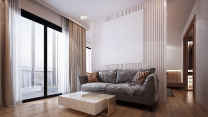 Fototapeta premium Modern mock up interior design of living room and leather sofa and canvas frame on white pattern wooden wall background, 3D render, 3D illustration