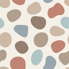 Fototapeta na wymiar Vector abstract pebbles seamless pattern. Colorful artistic fluid organic shapes. Isolated neutral earth tone neutral colors graphic elements scattered on background. Natural backdrop illustration