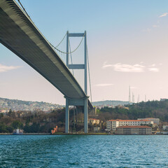 Fototapeta premium Tower of Bosporus suspension bridge, Ortakoy district, Istanbul Turkey