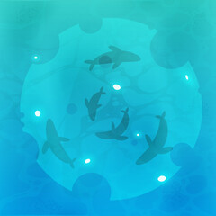 Fish in the water top view. Ocean, river or lake with clear blue water. Square banner. Vector illustration.