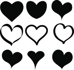 Black hearts - set of doodle drawings for icons. Templates for web design, simple vector for Valentine's Day holiday card.