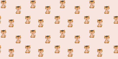 Seamless pattern of lovely tiger cubs sitting in simple yoga poses with crossed legs of Sukhasana and the words "OM" on a light beige background. Meditating kittens. Vector.