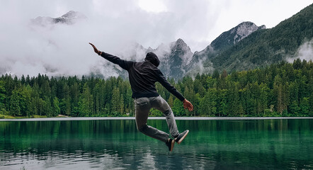 Shallow focus of a person jumping and heel kicking near a lake surrounded by rocky hills