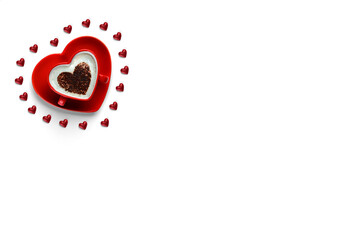 . Heart shaped cup with coffee isolated on white background. Coception until Valentine's Day. Copy space.