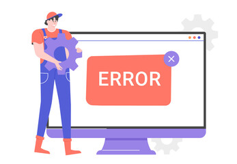 Computer maintenance. Expert mechanic near the monitor screen with an error message. Troubleshooting, equipment repair, fixing. Vector flat illustration.